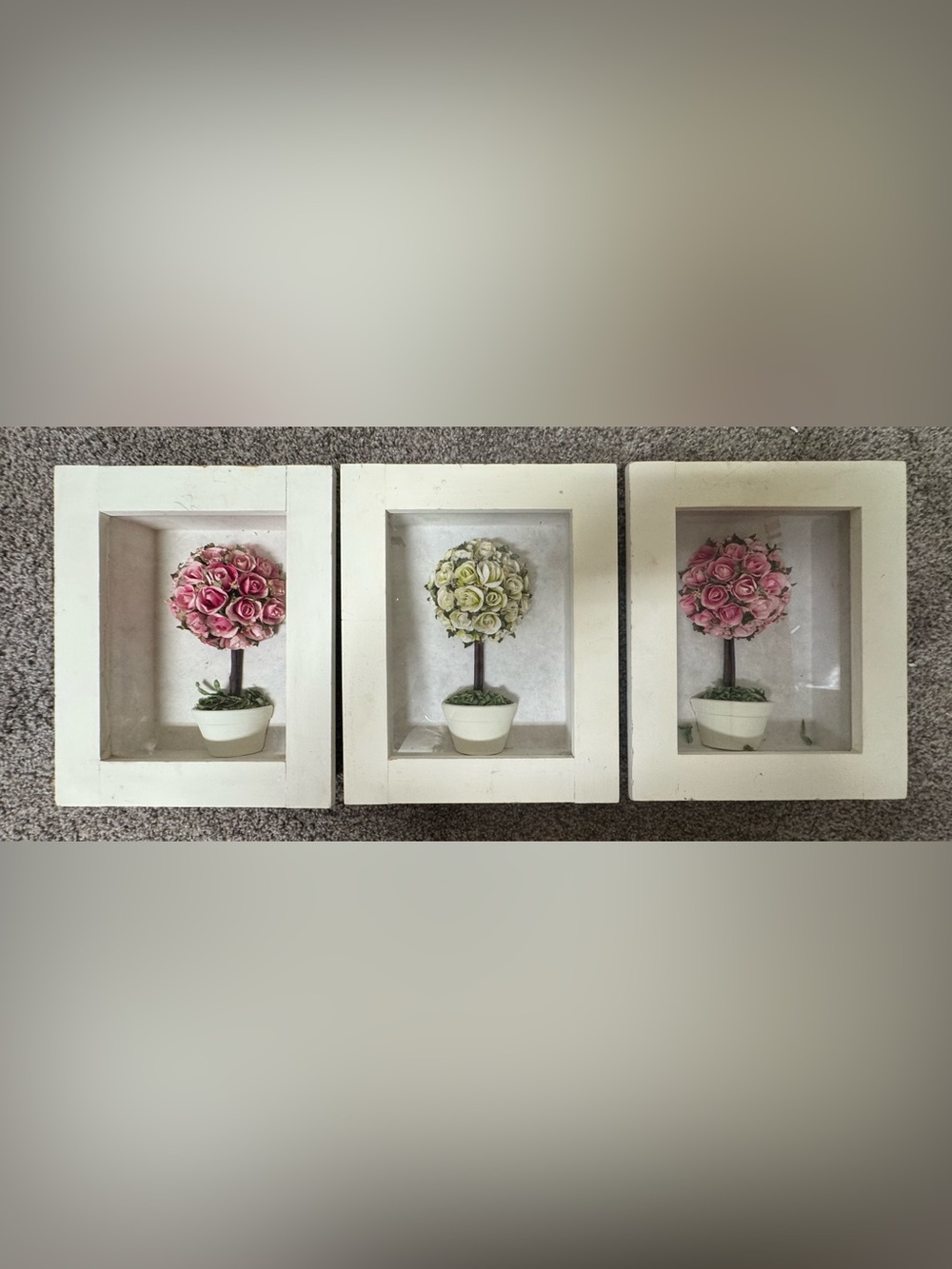 Framed Topiary Wall Art Set - Pink & Cream Floral Shadow Boxes